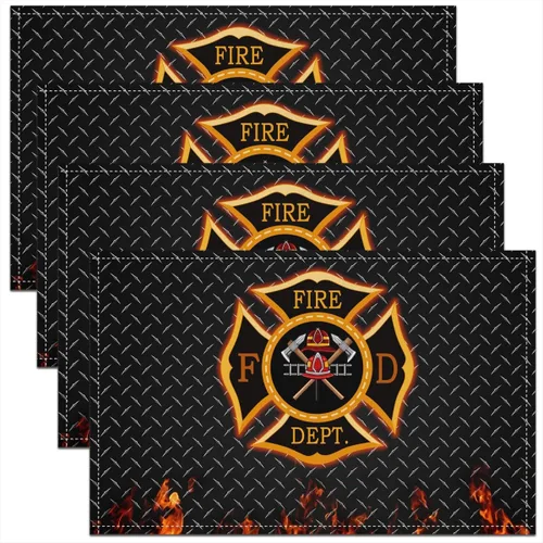 Juego de 4 manteles individuales de bomberos para niños y adultos, diseño realista de llama, lavable para interiores y exteriores, para mesa de