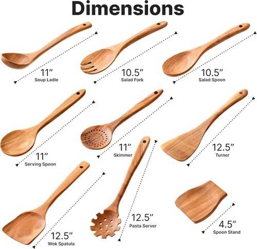 Miniatura 3 de Juego de utensilios de cocina de madera, 9 piezas, cucharas de cocina de madera de teca, resistentes al calor, antiarañazos, herramientas de cocina