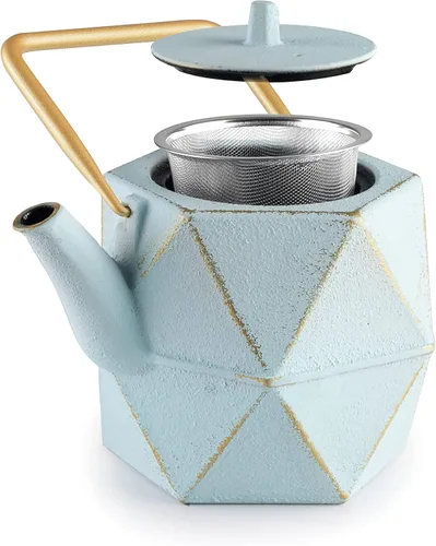 Miniatura 8 de IBILI Tetera Azul de hierro fundido de 40 onzas, fabricada en España, diseño floral, infusor de acero inoxidable, interior esmaltado, compatible