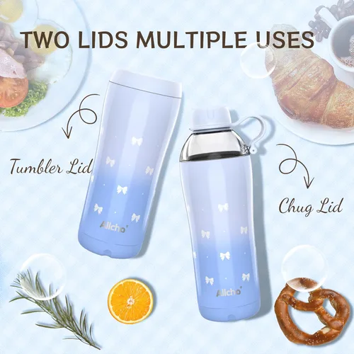 Miniatura 6 de Bow - Botella de agua aislada para mujeres, botellas de agua de acero inoxidable de 18 oz, de doble pared, 2 tapas (para beber y vaso) - Hidrata