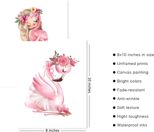 Miniatura 2 de Lienzo decorativo para pared de niña flamenco, cuadro rosa acuarela princesa floral decoración de animales para baby shower, baño, cuarto de bebé