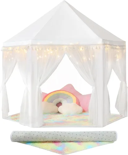 Miniatura 9 de Tienda de campaña de princesa para niñas en interior: con alfombra, luces de estrella, tienda de campaña rosa para niños, juguetes para niñas