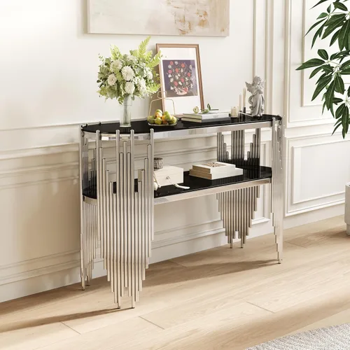 Miniatura 10 de Moderna mesa consola de cristal plateado, mesa de sofá estrecha para entrada con estantes de almacenamiento de 2 niveles para pasillo, espacio