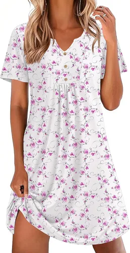 Miniatura 12 de Ekouaer Camisones para mujer de algodón Vestidos de noche Plisados Camisones Henley Cuello en V Camisas de dormir de manga corta Ropa de dormir