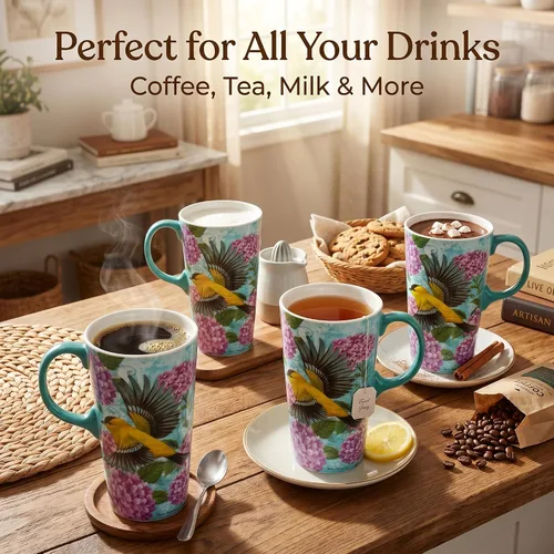 Miniatura 7 de Taza de viaje de cerámica de hortensia de jilguero de 17 onzas con tapa, taza de café floral de pájaro verde azulado con caja de regalo, taza de té