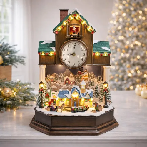 MOMENTS IN TIME Reloj de cuco de Navidad de 17.1 pulgadas con luces LED animadas de escena de pueblo navideño, música y función de cuco por hora,