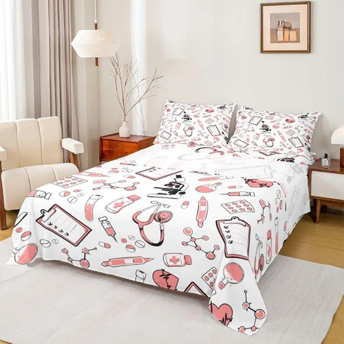 Miniatura 34 de Erosebridal Nurse Sheet Set Stethoscope Twin Sheets Set for Teen Boys,Colorful Medical Healthcare Heartbeat Syringe Fitted Sheet