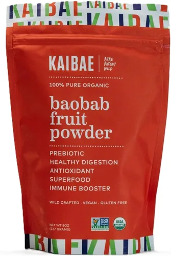 KAIBAE Baobab en polvo orgánico prémium | Superalimento de fibra prebiótica para la salud intestinal y metabólica | Vitamina C + polifenoles | Sin