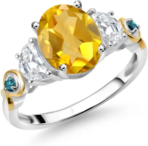 Anillo ovalado de 3 piedras de plata 925 y oro amarillo de 10 quilates, citrino amarillo y piedra gema, moissanita creada King (2.01 quilates)