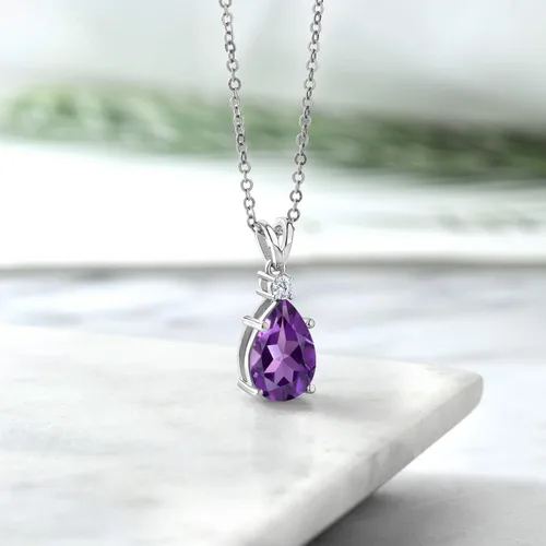 Miniatura 4 de Gem Stone King Collar con colgante de plata de ley 925 con amatista púrpura y diamantes blancos cultivados en laboratorio para mujer