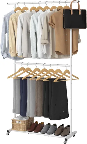 Sywhitta Perchero de ropa de doble barra, colgador de abrigos rodante con malla inferior, perchero para colgar ropa, abrigos, faldas, suéteres,