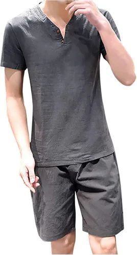 Conjunto de camisa y pantalones cortos para hombre, conjunto de algodón y lino, color sólido, manga corta, talla grande, conjunto casual para correr