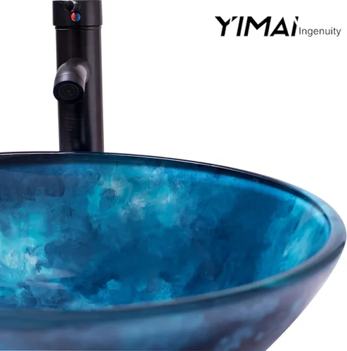 Miniatura 7 de Lavabo de Vasija 16.5" Lavabos de Baño Vidrio Templado Azul Cuenco de Arte Redondo con Combo de Grifo Azul, Moderno Lavabo de Encimera tipo Cuenco