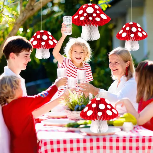 Miniatura 4 de 3 piezas de decoración de panal de hongos en forma de hongo en forma de pompones, decoraciones para fiesta de cumpleaños temática de selva del país