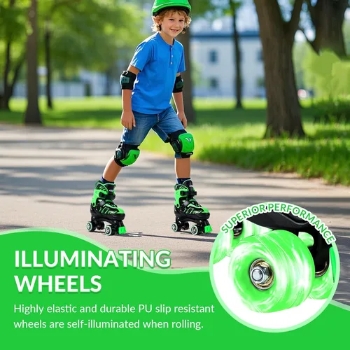 Miniatura 5 de Patines de ruedas para niñas y niños de 4 a 12 años, patines ajustables para niños pequeños de 4 tamaños, ruedas iluminadas para principiantes Verde