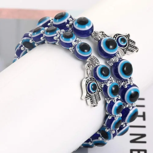 Miniatura 7 de SUMMER LOVE Pulsera elástica de ojo turco Hamsa con cuentas azules y cuentas para protección y bendición de mano de Fátima