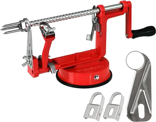 Pelador de manzanas, cortador de patatas 3 en 1, acero inoxidable resistente con base de ventosa y 3 cuchillas adicionales (rojo)