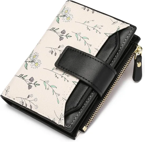 GAEKEAO Carteras pequeñas para mujer, con bloqueo RFID, de cuero vegano, plegable, floral, compacto, tarjetero con bolsillo con cremallera, ventana