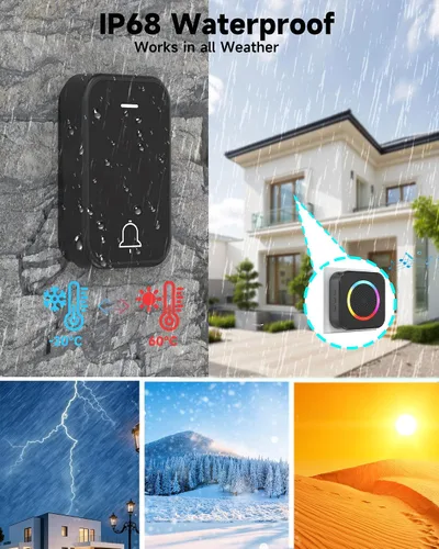 Miniatura 5 de Kit de timbre inalámbrico, timbre autoalimentado sin batería, rango de 600 pies, 63 campanas seleccionables, volumen ajustable con luz RGB, timbre
