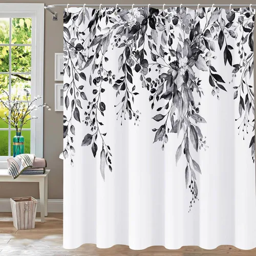 Miniatura 21 de Cortina de ducha, cortinas de eucalipto púrpura para baño, cortinas de baño con hojas en acuarela lavables, impermeables, juego de cortinas de hojas