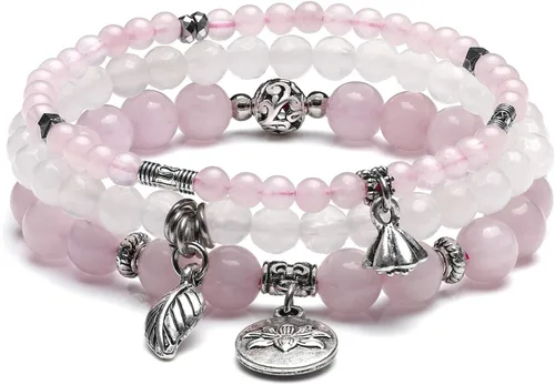 Jovivi - 3 pulseras de cuentas de cristal de cuarzo rosa amatista para chakras, energía natural de curación, cuentas de loto, piedra reiki,