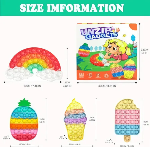 Miniatura 2 de 4 piezas de juguetes para juguetear, juguetes de burbujas de empuje arcoíris, juguete de helado, juguetes de piña para apretar, conjunto de juguetes