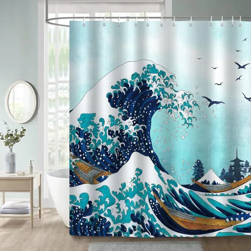 Miniatura 2 de Bonhause Great Wave - Cortina de ducha con diseño de anime japonés Kanagawa, color azul océano, 72 x 72 pulgadas, tela de poliéster, impermeable