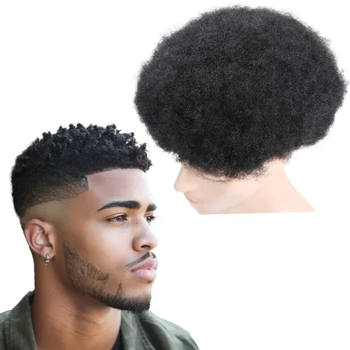 Miniatura 20 de Pelucas Afro Rizadas Toupé para Hombres Pelucas para Hombre Afroamericano Negro Unidad de Cabello Masculino Negro Rizado Afro Tejido Masculino