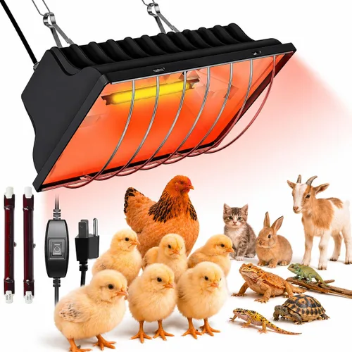 Lámpara de calor para pollos, calentador de gallinero para pollitos con 2 bombillas de calefacción (250 W y 175 W), temperatura ajustable y alturas