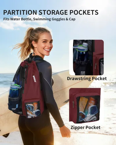 Miniatura 2 de WANDF Mochila de Malla con Cordón para Natación, con Bolsillo para Artículos Húmedos, para Natación, Gimnasio y Equipo de Entrenamiento Rojo