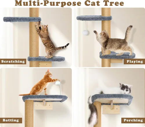 Miniatura 5 de Estantes de pared para gatos para gatitos, árbol para gatos de piso a techo de 83 pulgadas con almohadillas de felpa grises, árbol de escalada