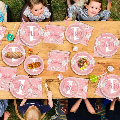 Miniatura 5 de 96 piezas de suministros de primera fiesta para niña, platos de papel rosa de un año, decoración de primer cumpleaños, color rosa, desechable, juego