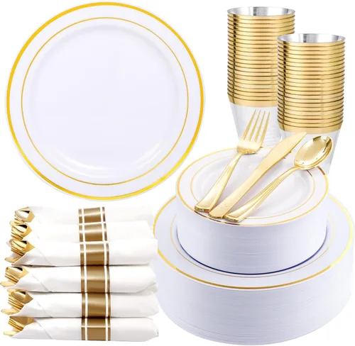 WDF Partyware Juego de vajilla dorada de 350 piezas para 50 invitados, platos de plástico dorado con cubiertos desechables, 50 platos de cena, 50