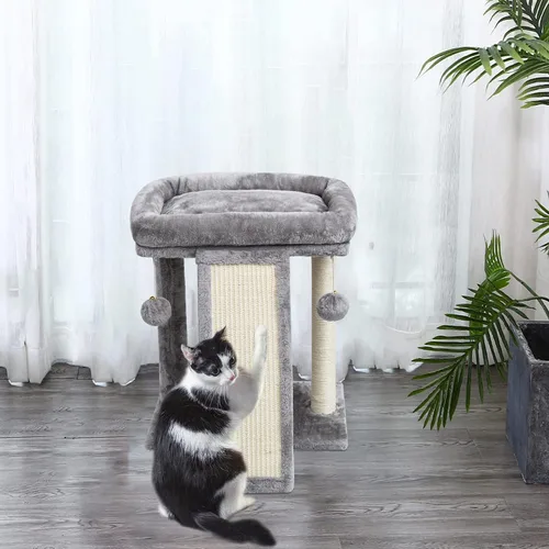 Miniatura 6 de SYANDLVY Árbol pequeño para gatos con poste rascador, tabla rascador para gatos con perca, rascador de poste para gatos de interior, 2 bolas Beige