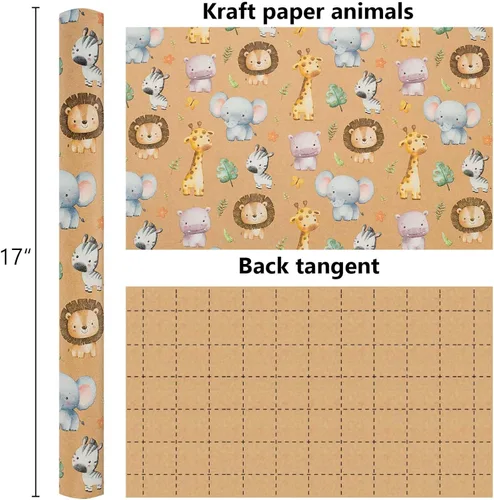 Miniatura 5 de Burymento Papel de Regalo Kraft para Animales, Papel de Regalo con Diseño de Línea Auxiliar Cortada para Baby Shower, Cumpleaños, San Valentín, Día