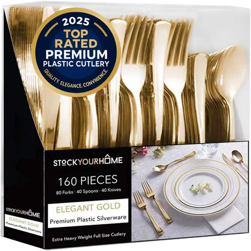 Miniatura 23 de Juego de cubiertos de plástico resistente (dorado) de 75 piezas, juego de cubiertos desechables, ideal para fiestas, bodas y catering, cubiertos