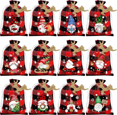 Miniatura 13 de BORAMDO Bolsas de Envolver Regalos de Arpillera de Navidad con Cordones 24 Piezas, Bolsas de Dulces de Lino a Cuadros Buffalo de Navidad