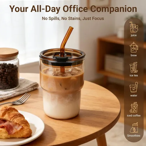 Miniatura 7 de Luxfuel Vaso de vidrio de 16 onzas con tapa y popote, taza de café helado reutilizable y vaso para batidos, vidrio de borosilicato a prueba de fugas