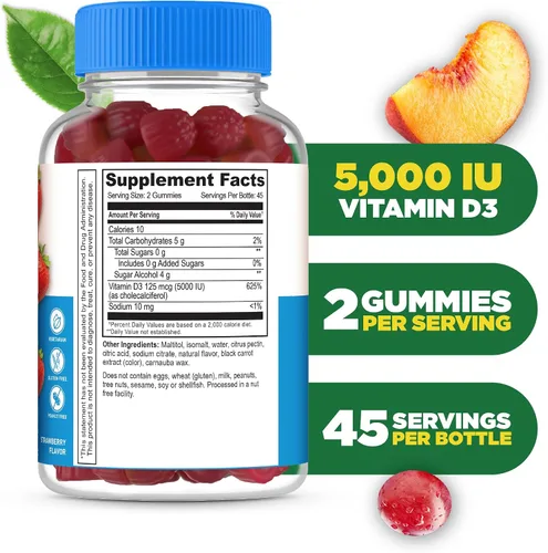 Miniatura 2 de Lifeable Vitamina D sin azúcar, 5000 UI, suplemento de gomitas de gran sabor natural, sin gluten, vegetariano, sin OMG, masticable, para apoyo