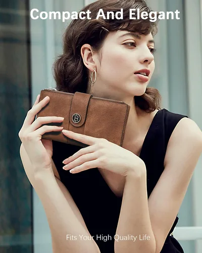 Miniatura 4 de BOSTANTEN Carteras de cuero para mujer con bloqueo RFID de gran capacidad, tarjetero triple para mujer