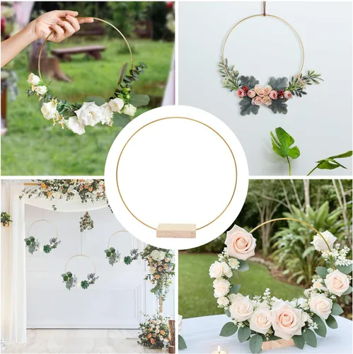 Miniatura 4 de 25 Piezas Aro Floral de Metal de 12 Pulgadas con Soporte para Mesa, Anillo de Corona Dorada de Macramé de Metal con 25 Piezas de Soportes con Base