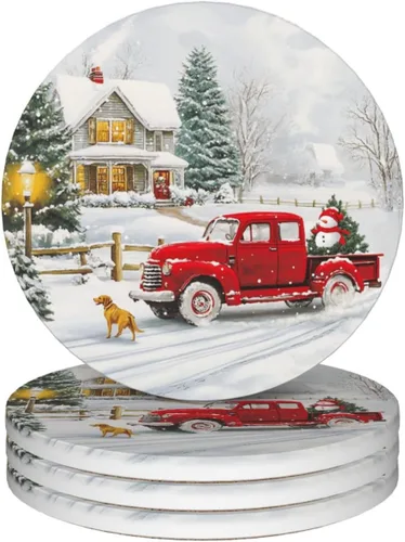 Miniatura 15 de Juego de 4 posavasos rojos de Navidad para mesa de café, tazas, bar, cerveza, escritorio, posavasos redondos de cerámica absorbente para mesa