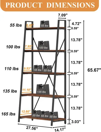 Miniatura 7 de BON AUGURE Estantería industrial de 5 niveles y mesa auxiliar para sala de estar (roble rústico)