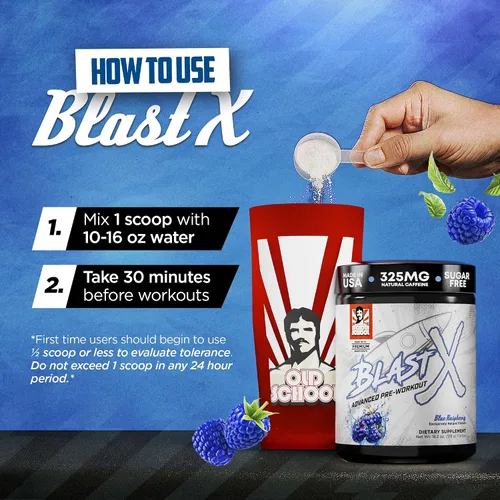 Miniatura 6 de Old School Labs Polvo de preentrenamiento Blast X avanzado, potenciador de energía intensa para hombres y mujeres - Frambuesa azul