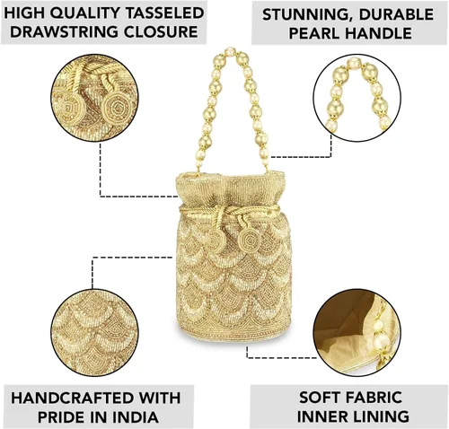 Miniatura 3 de Aheli Gold Potli - Bolsas de noche para mujer, bolso de mano étnico con cordón (P70G), Oro