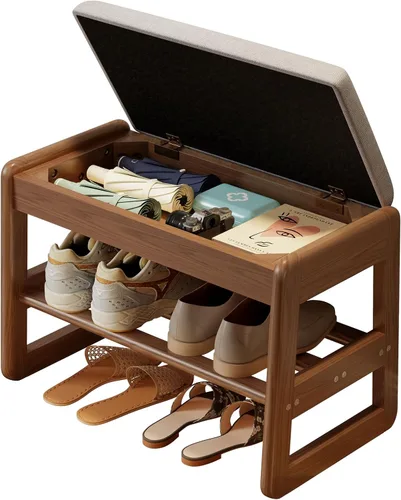 AQIMUELE Banco pequeño para zapatos, banco de zapatos de 2 niveles con almacenamiento con tapa abatible, zapatero de madera para entrada, pasillo