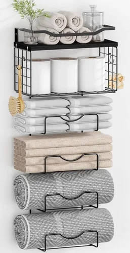 Toalleros para baño, toallero montado en la pared, soporte para toallas de 6 niveles enrolladas o dobladas con estantes flotantes, portotoallas de