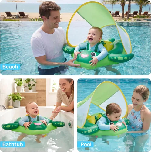 Miniatura 5 de Sloosh Flotadores de natación para bebés con toldo extraíble, flotador inflable para piscina para bebé, diseño de tortuga marina, anillo de natación