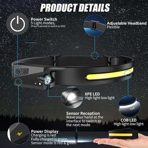 Miniatura 3 de Paquete de 8 faros delanteros recargables, linterna LED súper brillante con haz ancho de 230°, sensor de movimiento, 5 modos de lámpara de cabeza
