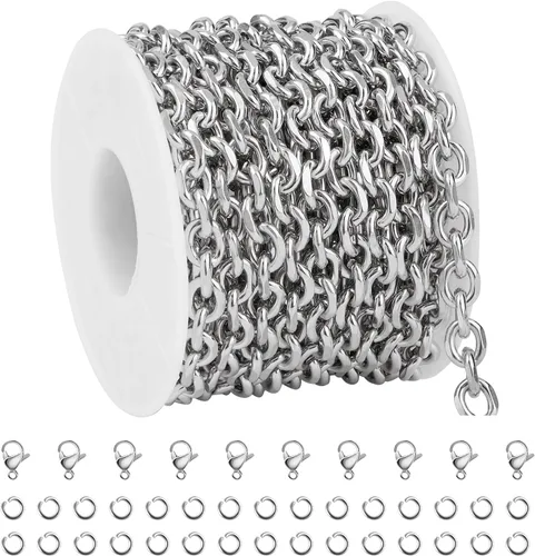 Miniatura 9 de 16.4 pies de cadenas de acero inoxidable plateadas para hacer joyería, collar pesado de hip-pop para hombres, cadena de eslabones en relieve a Rolo